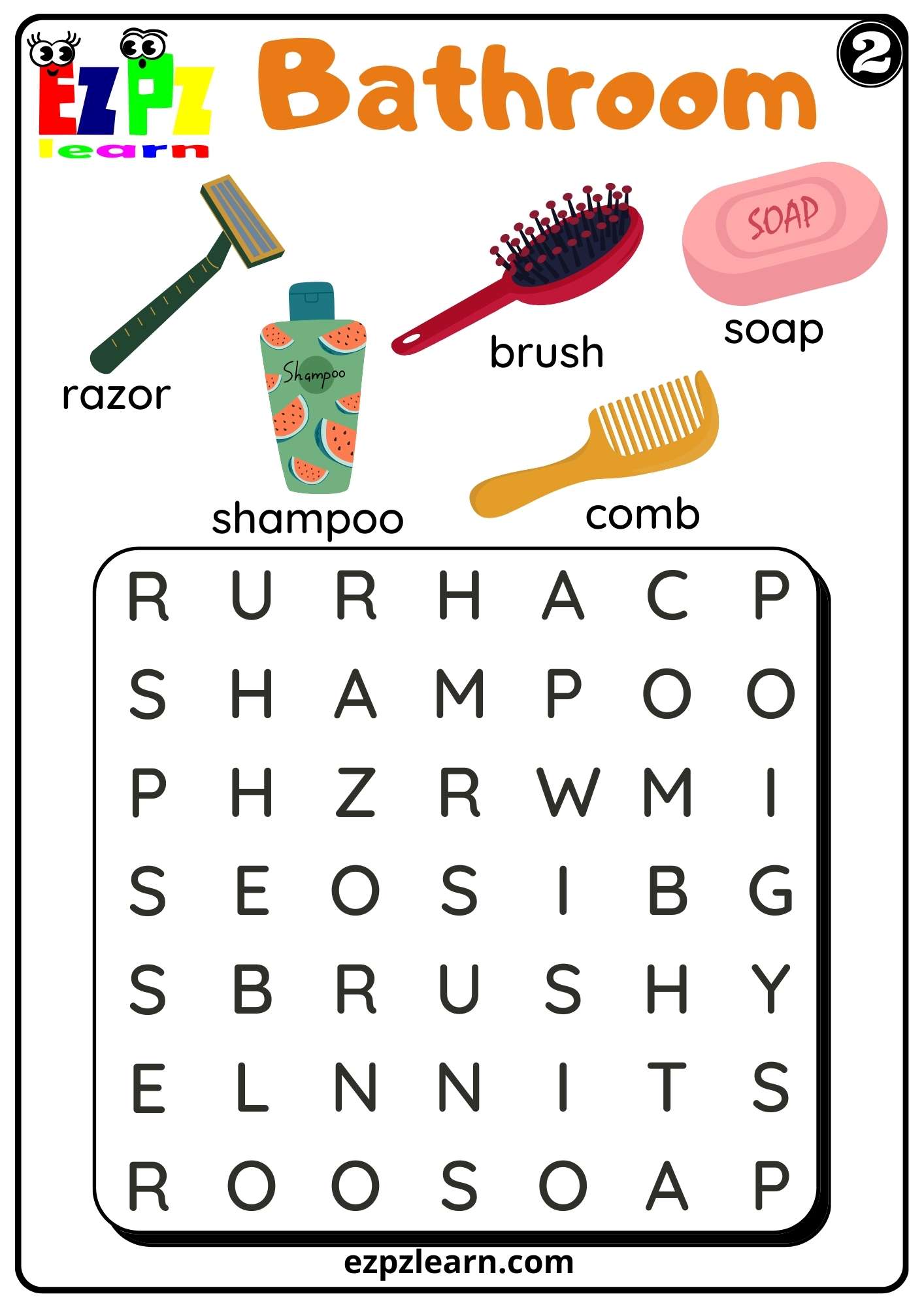 Bathroom Word Search Worksheet for ESL and K5 Kids PDF Download Set 2